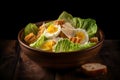 Caesar salad with grilled chicken, croutons, quail eggs and cherry tomatoes on wooden rustic table. Neural network AI Royalty Free Stock Photo