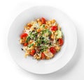 Caesar salad with lettuce, tomatoes, sprouts, croutons and sauce in plate on isolated white background. Healthy food, vegetarian