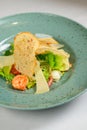 Caesar salad with shrimp on blue plate on white background Royalty Free Stock Photo