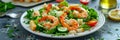 Caesar Salad with Shrimps, Chicken, Croutons, Tomatoes, Cucumbers on White Plate Royalty Free Stock Photo