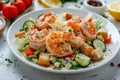 Caesar Salad with Shrimps, Chicken, Croutons, Tomatoes, Cucumbers on White Plate, Green Salad Royalty Free Stock Photo