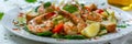 Caesar Salad with Shrimps, Chicken, Croutons, Tomatoes, Cucumbers on White Plate, Green Salad Royalty Free Stock Photo