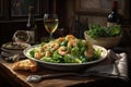 Caesar salad with shrimps, lettuce and croutons, Generative AI