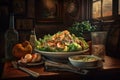 Caesar salad with shrimps and mussels served on a wooden table, Generative AI