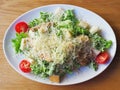 Caesar salad sprinkled with grated Parmesan in an oval white plate. Top view Royalty Free Stock Photo