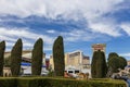 Caesars Palace Hotel, Casino and resort along the Las Vegas strip with tall lush green trees, water fountains, statues, blue sky Royalty Free Stock Photo