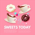 Cafe Ad Design Template. Coffee, Sweets and Ice Cream. Chocolate and Donut. Candy. Cute and Delicious