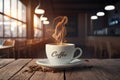 Cafe ambiance blank white coffee cup mockup with caf?? background