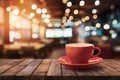 Cafe ambiance wooden table against blurred bokeh background