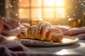 background bakery croissant background bokeh breakfast view cup table food drink morning. Generative AI.