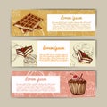 Cafe banners with hand drawn design. Dessert restaurant menu template. Set of cards for corporate identity. Vector illustration.