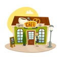 Cafe building, coffee and tea shop, front view, cartoon vector illustration