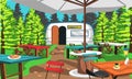 Cafe Camp On The Nature Forest With Chair And Camping Table, Cafe Tent, Trash, Food And Big Green Tree For Vector Illustration