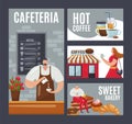 Cafe cartoon card, vector illustration. Man woman people drink coffee, beverage in cup flat set. Business coffee shop Royalty Free Stock Photo