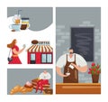 Cafe cartoon card, vector illustration. Man woman people drink coffee, beverage in cup flat set. Business coffee shop Royalty Free Stock Photo