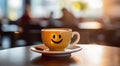 Cafe Cheer Coffee Cup with Emoticon on Blurred Background