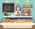 Cafe coffee shop woman business interior female seller bakery taste sweets flat design vector illustration