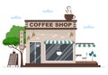 Cafe or Coffeehouse Illustration With Open Board, Tree, And Building Shop Exterior. Flat Design Concept