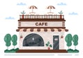 Cafe or Coffeehouse Illustration With Open Board, Tree, And Building Shop Exterior. Flat Design Concept