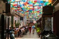 Cafe with colorful umbrellas on a street Royalty Free Stock Photo