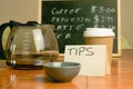 Cafe counter with coffee cup, prices and tip box