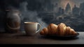 croissant breakfast paris bar table drink cup france french food. Generative AI.