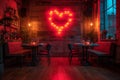 Cafe decor with tables decorated for valentine\'s day. Glowing heart on the wall