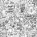 Cafe doodle seamless pattern. Cute background for wall with teapot, desserts, coffee and handwritten quotes. Enjoy your