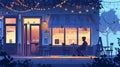 Cafe exterior illustration at night with table and chair outside. Cartoon panorama of an open city coffeehouse at night