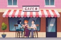 Cafe exterior. People happy couple sitting and relax on terrace exact vector background