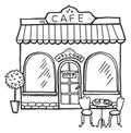 Cafe front view sketch. Street building facade