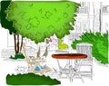 Cafe in the Garden. Partially colored version2 Royalty Free Stock Photo