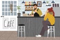 Cafe.Girl drinks coffee at the bar counter in a trendy coffee house and barista brews a hot drink in the interior. Freehand of Royalty Free Stock Photo