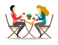 The girls sit at the table, drink coffee and chat. Vector illustration on white background.