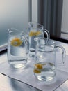 Cafe: glass water jugs with lemon