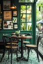 Cafe with green trim has several tables one of which is small round table with four chairs and cup and saucer on it Royalty Free Stock Photo