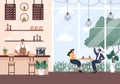 Cafe Illustration With View of People Sitting, Drinking Coffee, Working On Laptop, Chatting and Barista Standing At The Counter