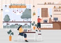 Cafe Illustration With View of People Sitting, Drinking Coffee, Working On Laptop, Chatting and Barista Standing At The Counter Royalty Free Stock Photo