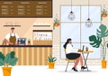 Cafe Illustration With View of People Sitting, Drinking Coffee, Working On Laptop, Chatting and Barista Standing At The Counter