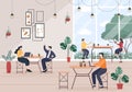 Cafe Illustration With View of People Sitting, Drinking Coffee, Working On Laptop, Chatting and Barista Standing At The Counter Royalty Free Stock Photo