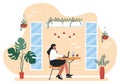 Cafe Illustration With View of People Sitting, Drinking Coffee, Working On Laptop, Chatting and Barista Standing At The Counter