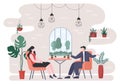 Cafe Illustration With View of People Sitting, Drinking Coffee, Working On Laptop, Chatting and Barista Standing At The Counter Royalty Free Stock Photo