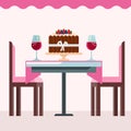 Cafe interior with birsday cake, glasses of wine in pink colors vector illustration. Coffee shop with pink table and