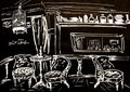 Cafe interior, graphic drawing on black background