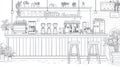 Cafe Interior Vector Line Art, Coffee Shop Bar with Stools and Plants Royalty Free Stock Photo