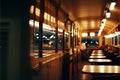 Cafe interior at night. View from the window of a train. Royalty Free Stock Photo