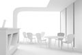 Cafe interior showroom exhibition stand 3d render with table and chairs for clients and visitors