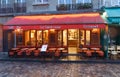 Cafe Le Sabot Rouge at rainy morning . It is a traditional French cafe in the Montmartre district, Paris, France.