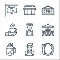 Cafe line icons. linear set. quality vector line set such as plate, barista, milkshake, table, coffee maker, coffee, open, cafe Royalty Free Stock Photo
