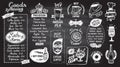 Cafe menu chalkboard design set, hand drawn line graphic illustration with pastries and drinks, vegan menu, coffee and tea symbols